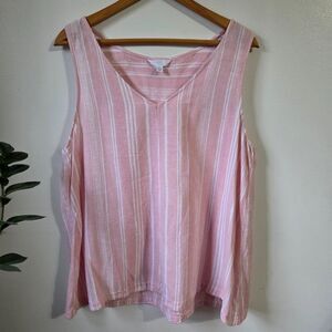 EUC TIME AND TRU PINK WHITE STRIPED V NECK LINEN BLEND TANK TOP SIZE XL
